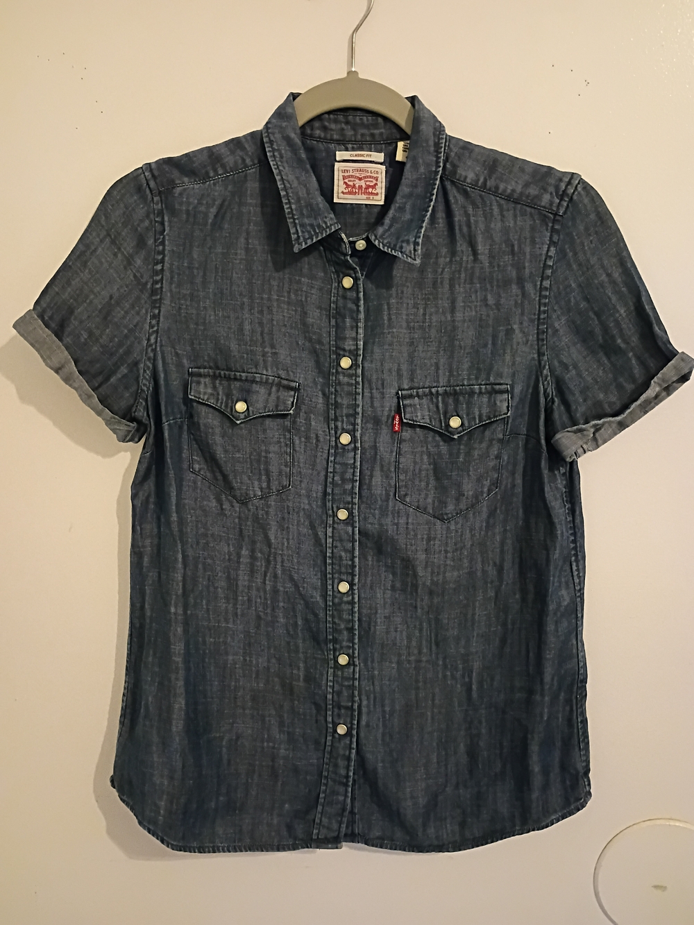 Levi's Women's Chambray Pearl Snap Button Short Sleeve Shirt - Blue Sz S